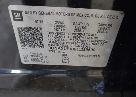 2019 Chevrolet Equinox Lt z USA, uszkodzony, nr VIN 3GNAXUEVXKL119506